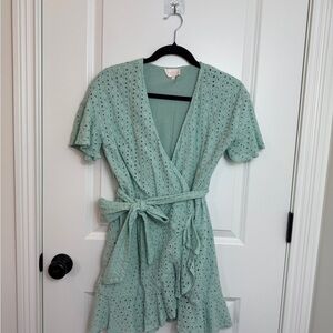 entro Mint Green Eyelet Wrap Mini Dress with Tie Waist